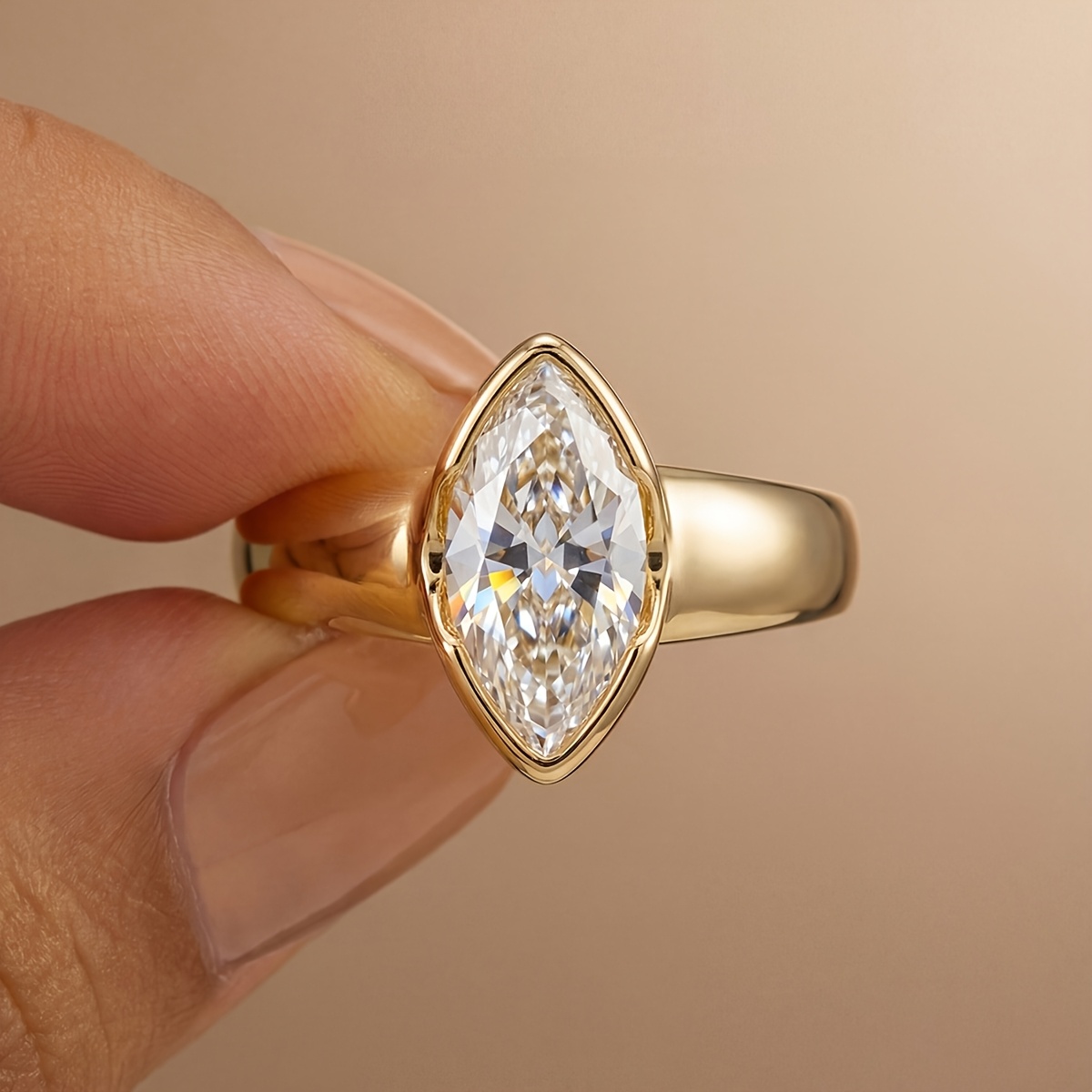 Elegant Smooth Marquise Ring, 18K Golden Plated
